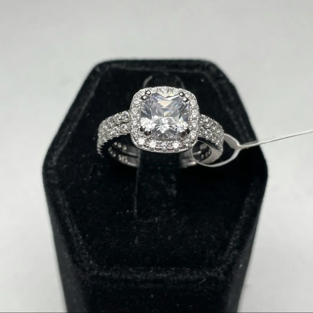 925 Sterling Silver Cushion Cut Halo Diamond 2 Band Wedding Ring Set 6